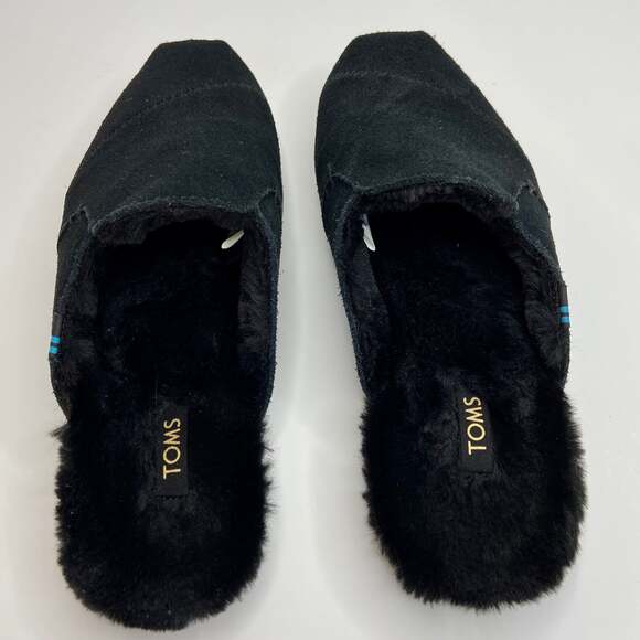 Toms Black Suede Faux Fur Lined Mule Flats - Picture 4 of 7